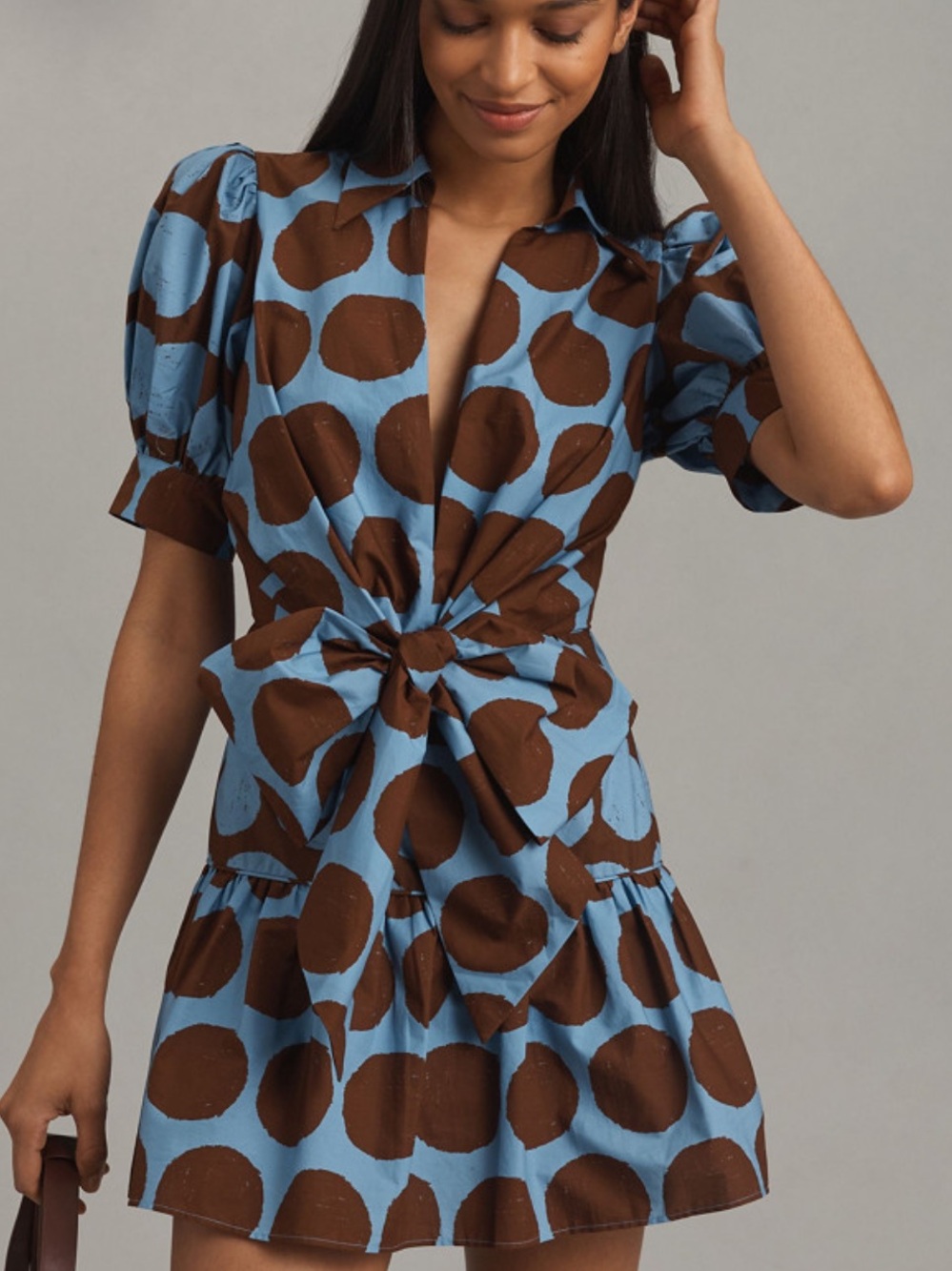 FARM Rio Blue and Brown Polka-Dot Tie-Front Mini Dress - Picture 1 of 4